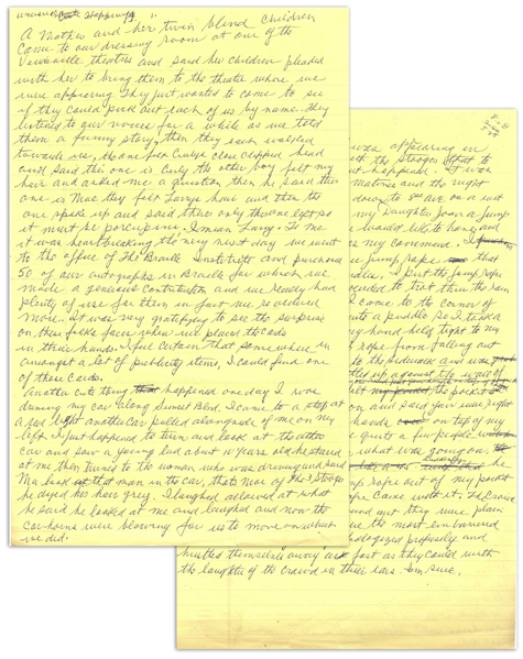 Moe Howard's Handwritten Manuscript Page When Writing His Autobiography -- Moe Recounts Some Special Fan (& Police) Encounters, ''that's Moe of the 3 Stooges'' -- Two Pages on One 8'' x 12.5'' Sheet